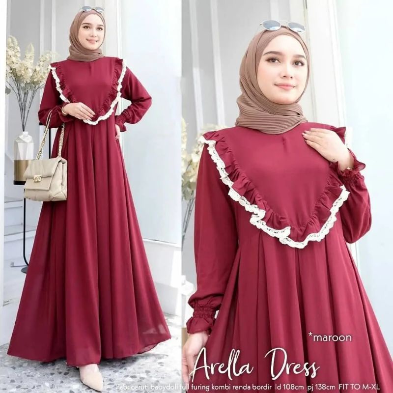 DRESS ARELLA CERUTY BABYDOLL/DRESS FULL FURRUNG APLIKASI RENDA/GAMIS MUSLIM WANITA TERBARU/FAR MOSLEMSTORE2