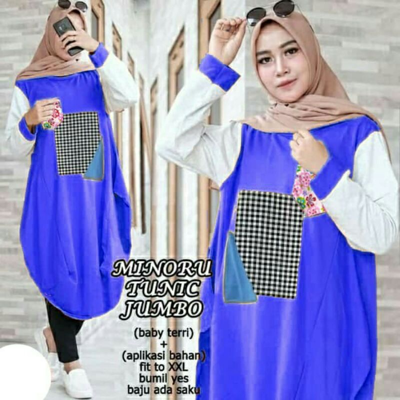 Tunik Minoru biru benhur Bahan babyterry + aplikasi katun, Fit XL , LD 110cm, Panjang 96cm, baju ada