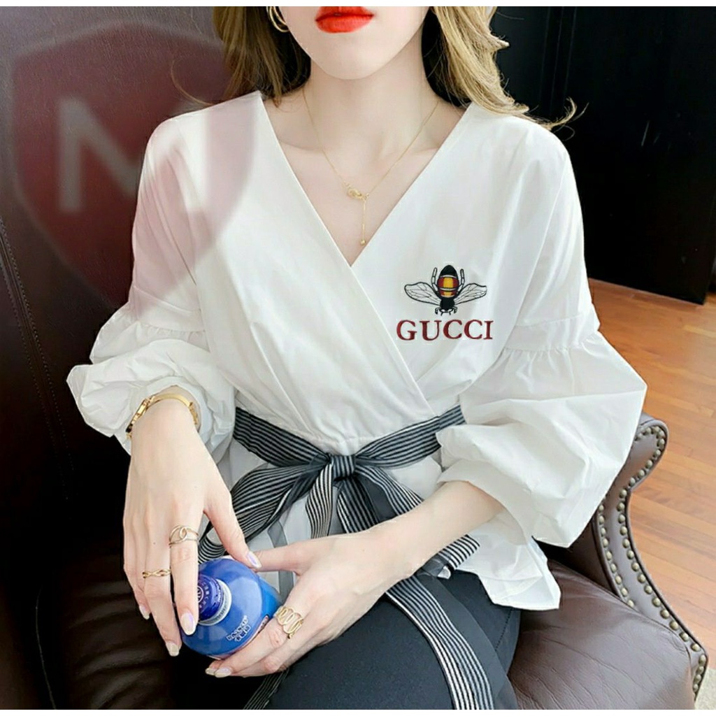 AP04 Blouse Atasan Vneck Vogue BORDIR 3MOTIF / GY / Blouse Putih Wanita Kekinian / Pakaian Perempuan