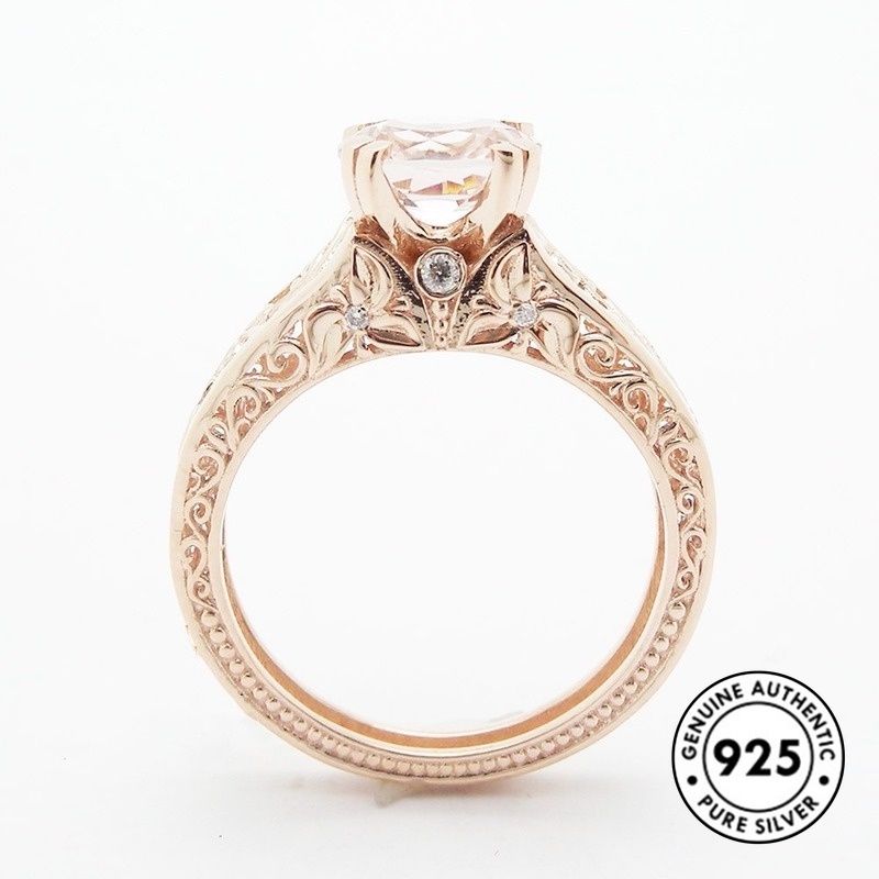 Cincin Sterling Silver 925 Desain Bunga Hollow Hias Berlian Imitasi Elegan Untuk Wanita