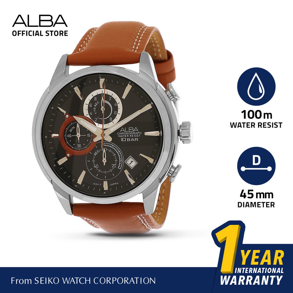 Alba Active Jam Tangan Pria Chronograph AM3517 / AM3517X1 Quartz Black Dial Brown Genuine Leather St