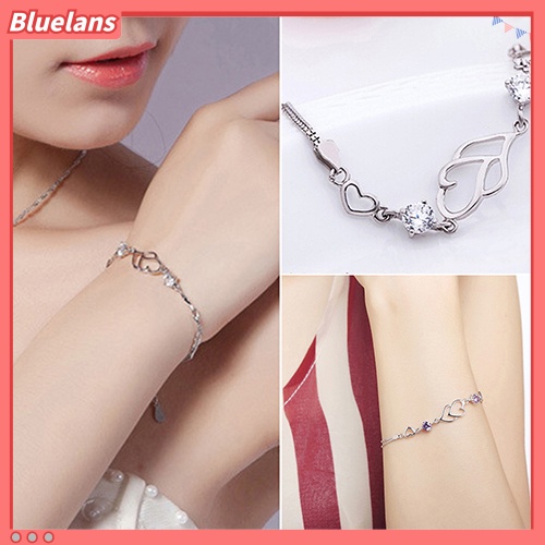 Bluelans Women 925 Sterling Silver Bracelet Rhinestone Love Heart Chain Bangle