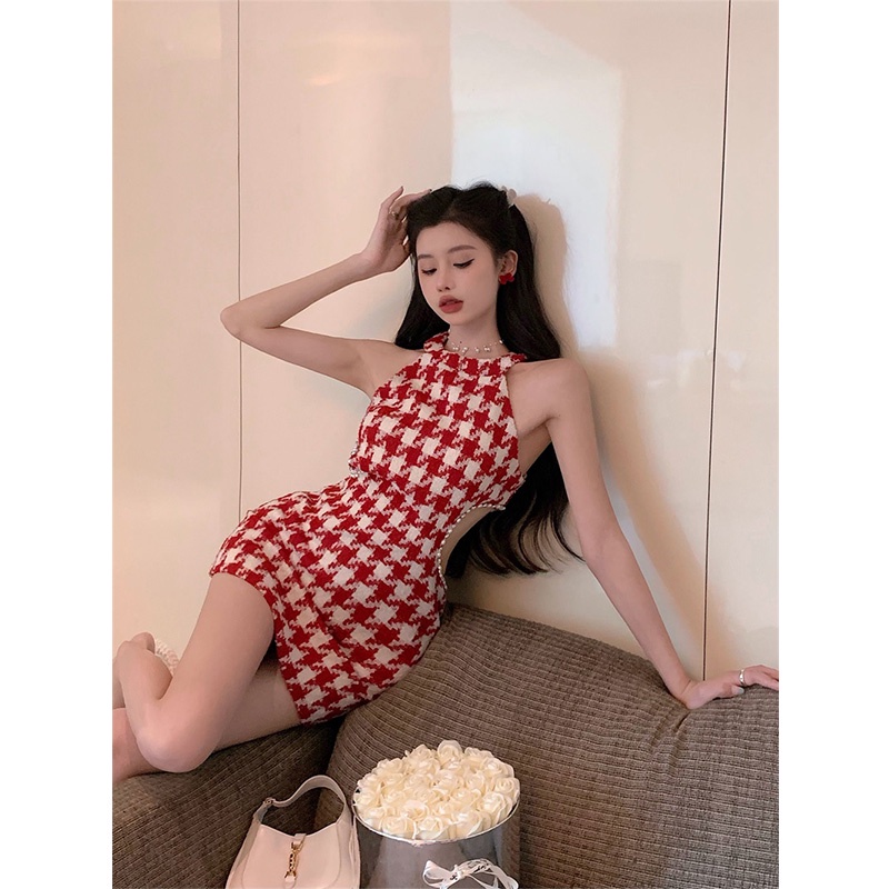 Gaun Mini Berlian Imitasi Hollow Merah Houndstooth Halter Gaun Musim Panas Bahasa Perancis Baru Lehe