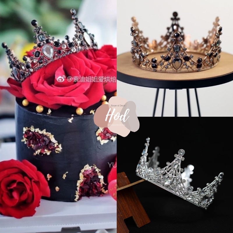 Topper Bold Crown Black Silver Dark Gold Hiasan Birthday Cake Tiara Hitam Mahkota Kristal Warna Hita