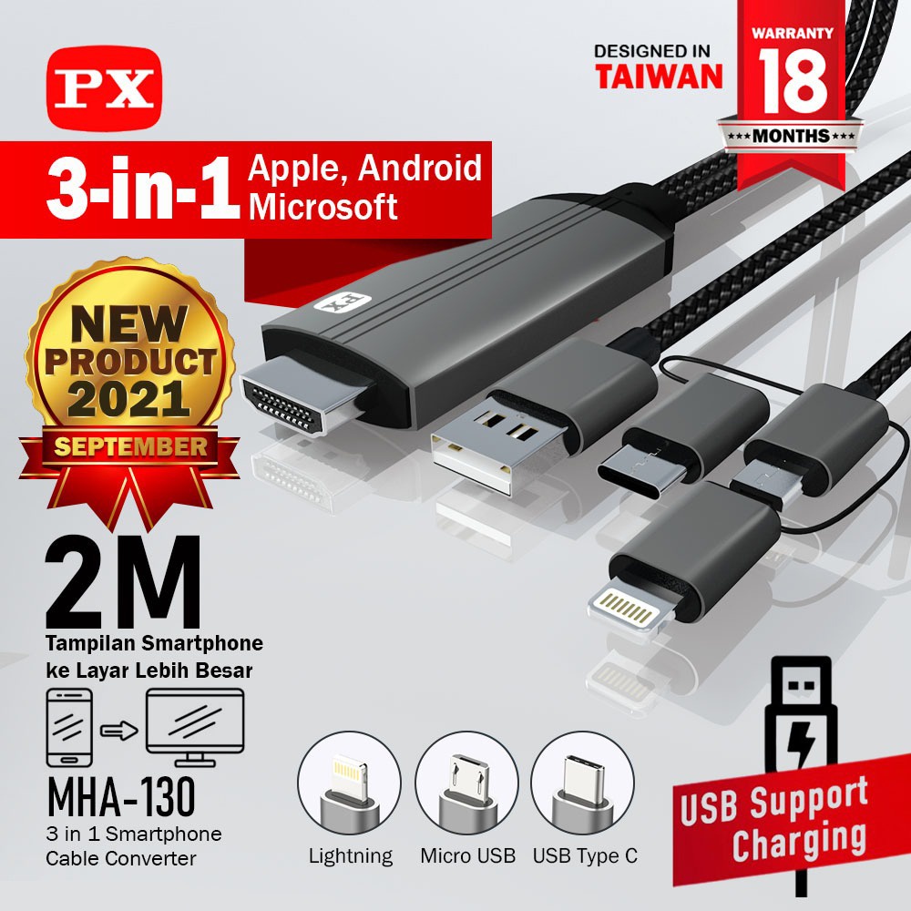 Kabel HDMI ke Type C USB/Micro/Lightning Converter 3in1 2M PX MHA-130