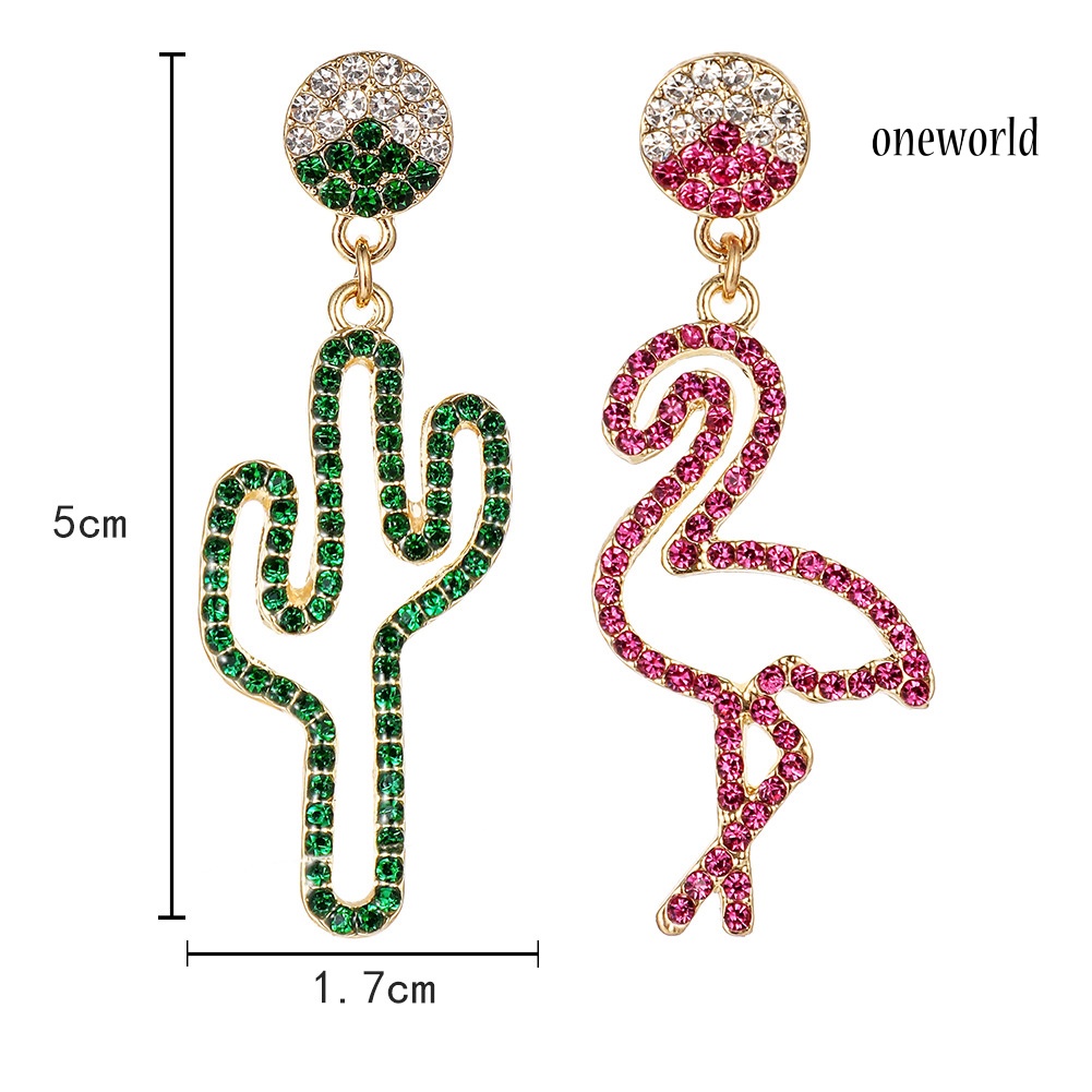 OW# Women Hollow Rhinestone Cactus Flamingo Dangle Asymmetric Stud Earrings Jewelry