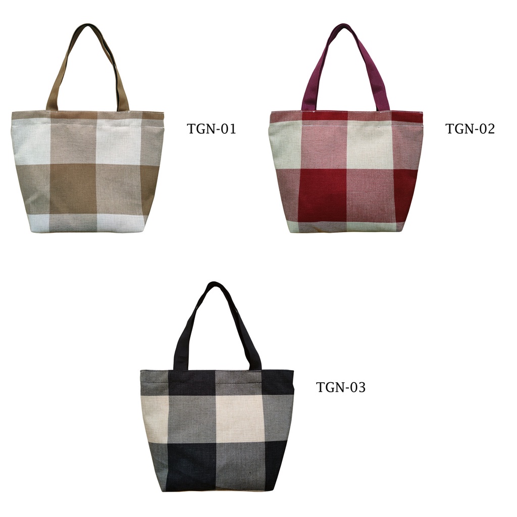 HAND BAG TAS TANGAN TOTE BAG BAHAN KANVAS DENGAN RITSLETING MOTIF KOTAK