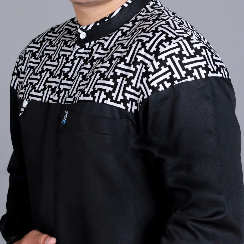 Baju Koko Pria Dewasa Lengan Panjang Motif Falcon Kombinasi Batik Terbaru Warna Putih