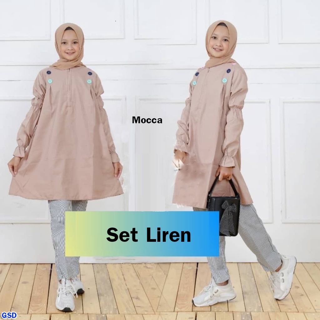 Liren/Baju Muslim Satu Set Setelan Baju Muslim Bahan Moscrepe Dan Celana Panjang Anak Perempuan Bahan Katun Salur  Untuk Usia  6 Tahun Sampai 8 Tahun GOOD QUALITY