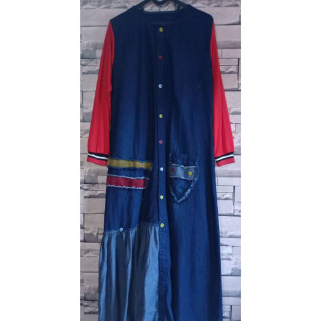 Baju gamis jeans lembut warna biru tangan merah