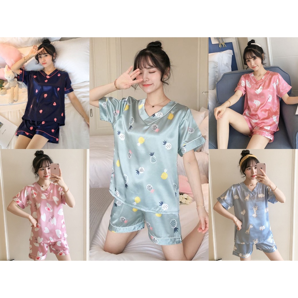 Lovera Baju Tidur Set Satin HP Lengan Pendek Celana Pendek Import