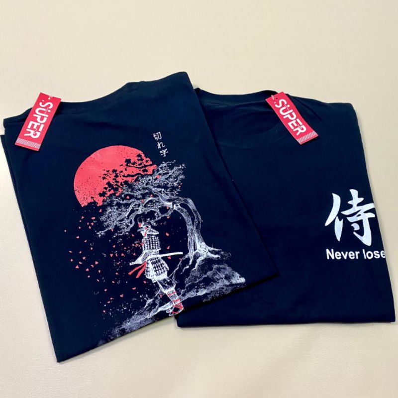 Makmoer.id kaos pria kaos distro kaos hitam lengan pendek atasan casual pria samurai never lose
