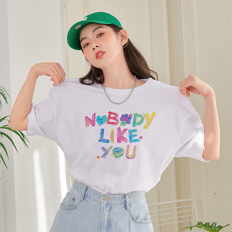 #Sisjuly# Putih dengan Pola Cetak Kapas Lengan Pendek TrenTT-shirt Wanita Pakaian2022Musim Panas Baru Gaya Kor