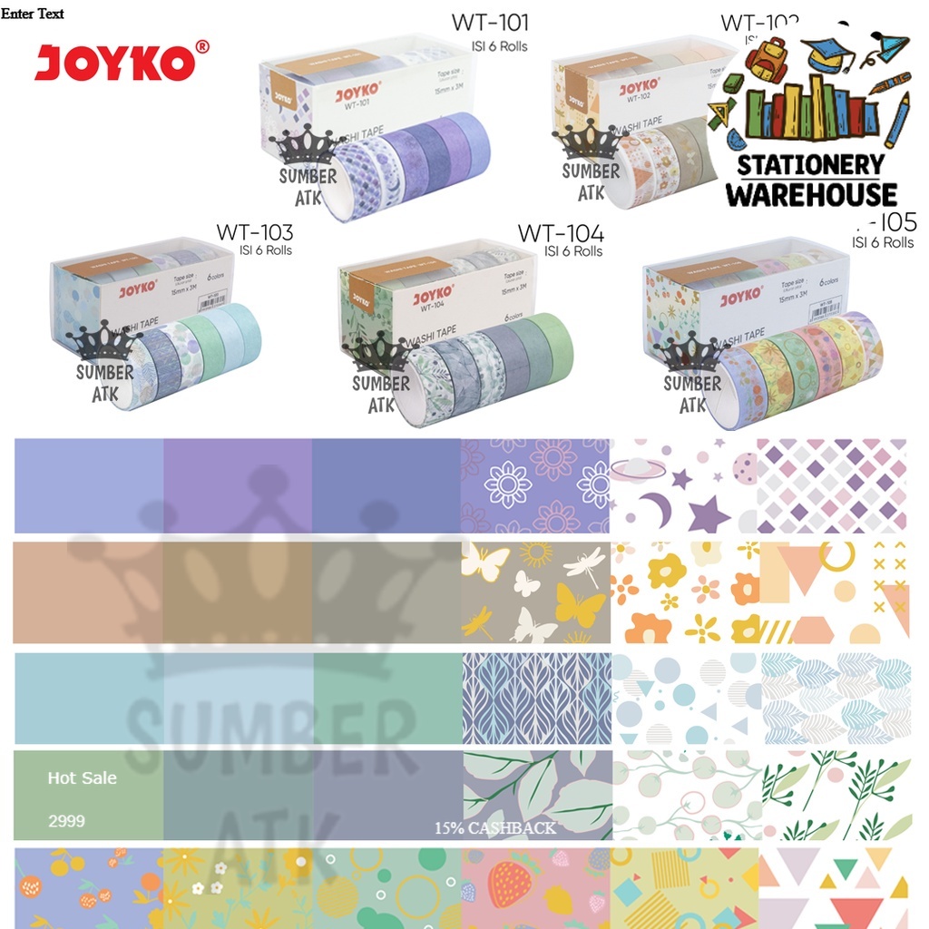 

Washi Tape Pita Perekat Selotip Kertas Warna Joyko WT-101~105