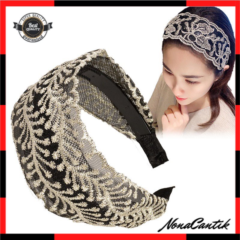 Bando Bandana Korea Lebar 7cm Rambut Wanita Dewasa Bahan Brokat Lucu Unik Fashion