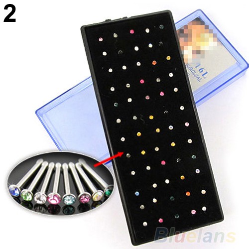 Tindik Tubuh: 60x Perhiasan Cincin Tulang Hidung Bahan Surgical Steel Berhiaskan Kristal Rhinestone