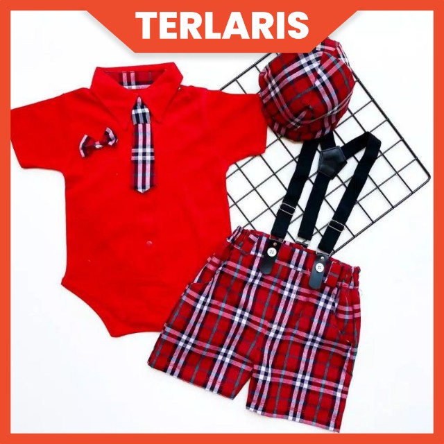 [3-18M] 6in1 Baju setelan jumper celana dasi pergi jalan lucu bestseller fashion anak bayi cowok murah / setelan jumper tuxedo 6in1 set jumper baby boy lucu / hampers baby cowok murah / setelan jumper bayi suspender topi dasi