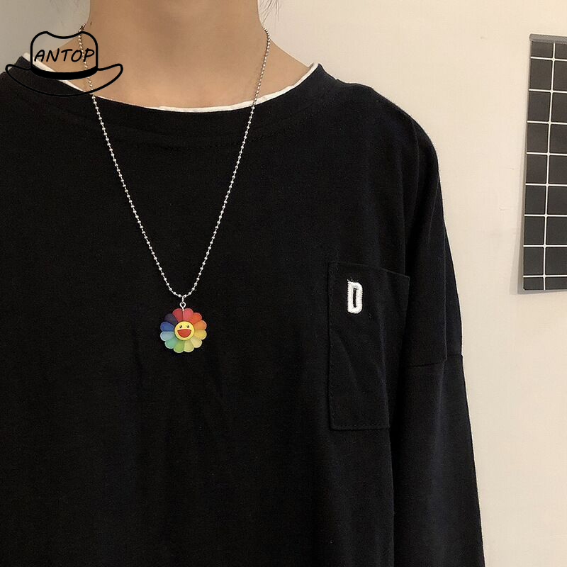 Harajuku Japanese Couple Necklace Rainbow Sun Flower Smiley Retro Pendant ANTOP