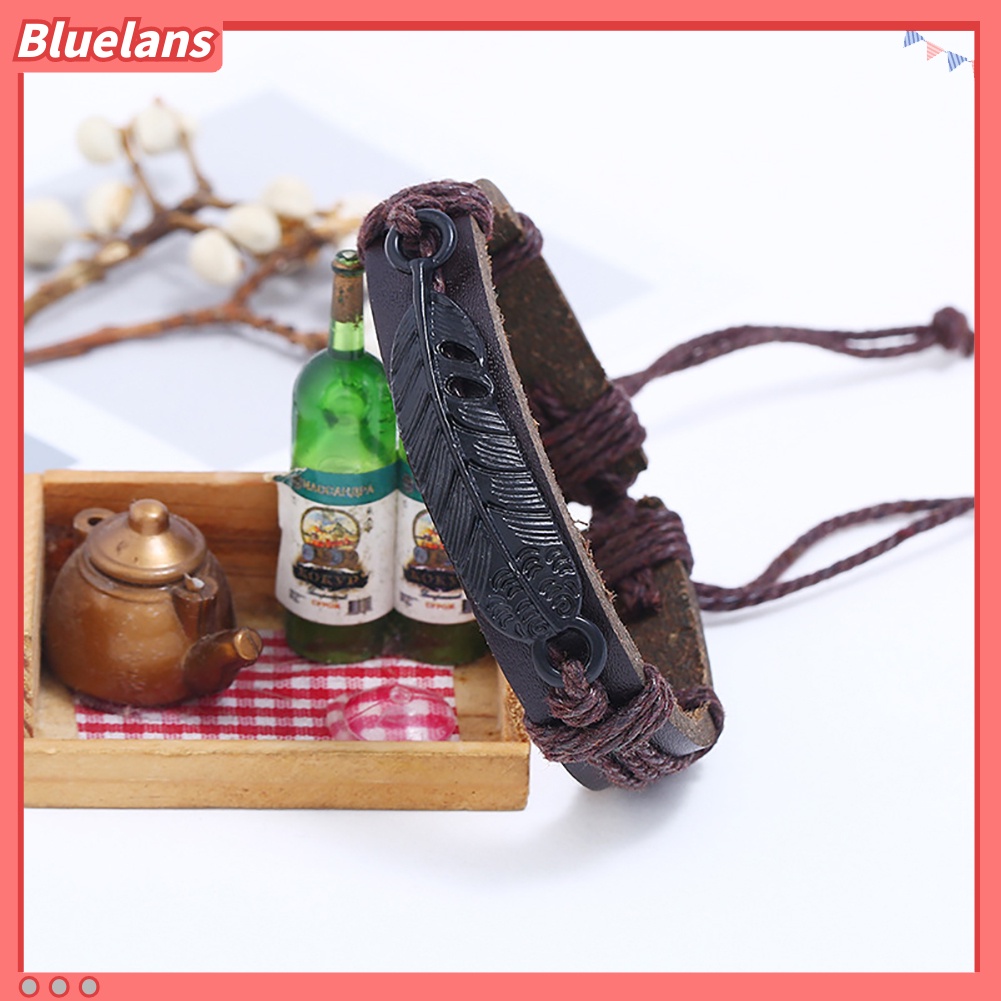 Bluelans Men Faux Leather Feather Adjustable Rope Braided Bracelet Wristband Jewelry