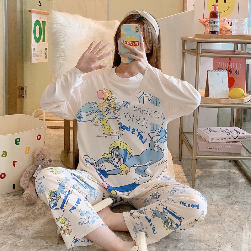 Setelan Piyama Oversize Bahan katun Adem Lengan Panjang Setelan Baju Tidur Wanita Oversize Piyama Pakaian Tidur Wanita Set Piyama Wanita Dewasa Motif Imut Karakter Kartun-Tom&Jerry Ice