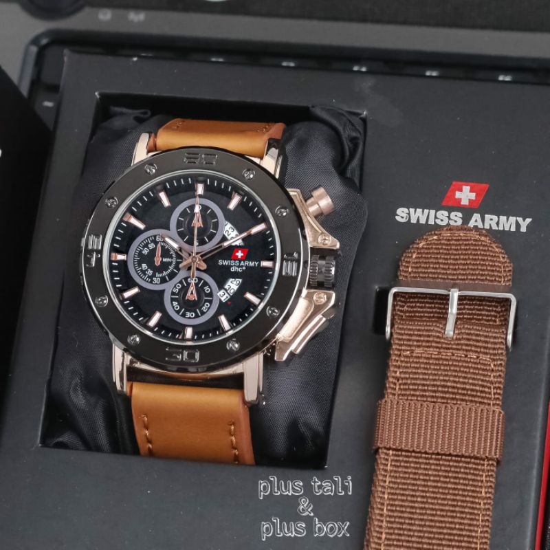 Jam Tangan Pria Swis Armi New Kulit Tangal Aktif Include Box Ori & Tali Kanvas