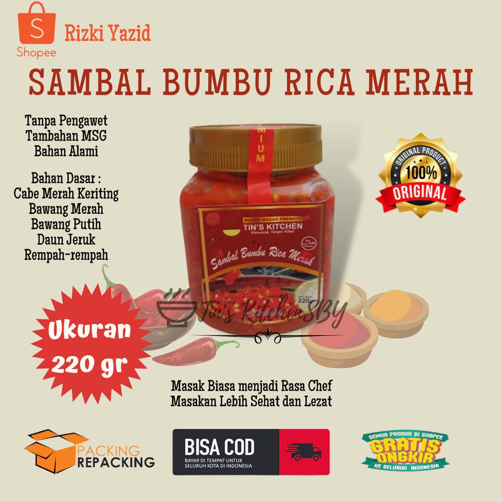 

[BISA COD] 220gr Sambal Bumbu Rica Merah Tin's Kitchen praktis instan serbaguna non-msg