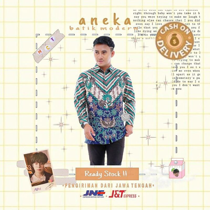 ATASAN KEMEJA BATIK PRIA LENGAN PANJANG SEMI SUTRA FURING KONDANGAN KERJA KANTOR BIRU HIJAU TOSCA