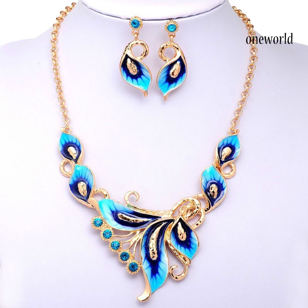 OW@ Women Enamel Flower Charm Rhinestone Stud Earrings Chain Necklace Jewelry Set