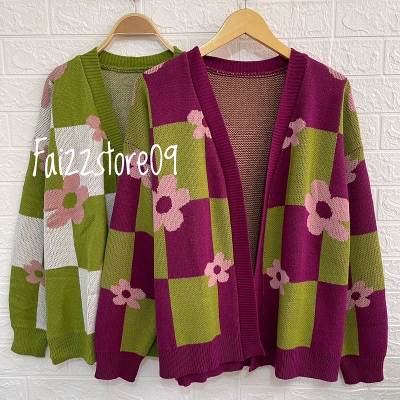Zafara Cardigan Rajut OVERSIZE Wanita Motif Kotak Bunga / Atasan Rajut Premium Wanita  Murah