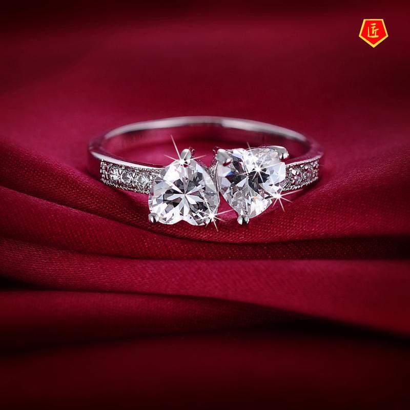 [Ready Stock]Fashion Double Heart-Shaped Moissanite Ring Female