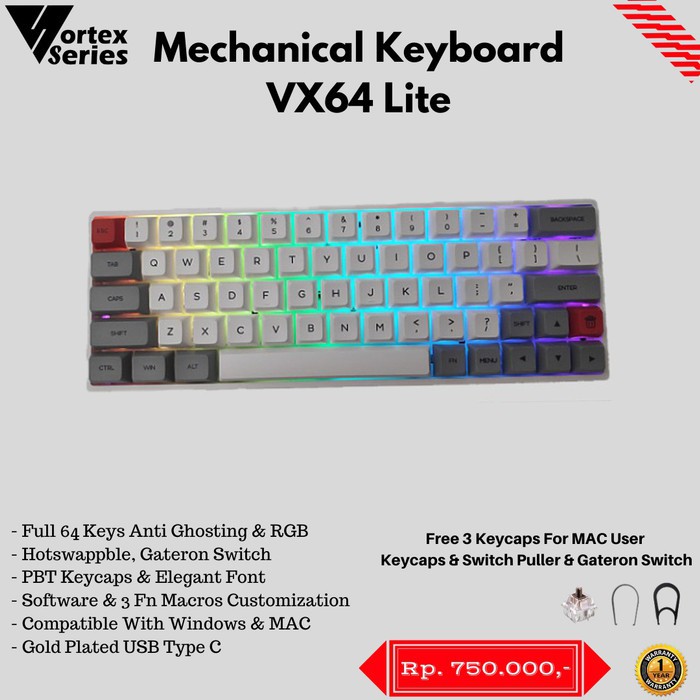 keyboard vortex series vx64 lite white gray (blue switch)