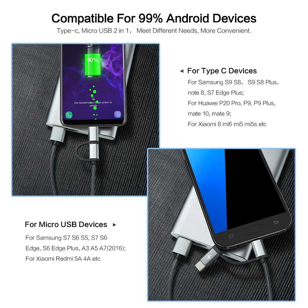 Floveme Kabel Charger 2 in 1 Micro USB + USB Type C QC3.0 2.8A 100cm 1 meter cable data kecepatan tinggi FLOVEME 2 in 1 QC 3.0 Micro USB Type C Cable Fast Charging Type-C Charger USB-C Cables For Samsung S8 Note 8 S7 Phone USB Cable
