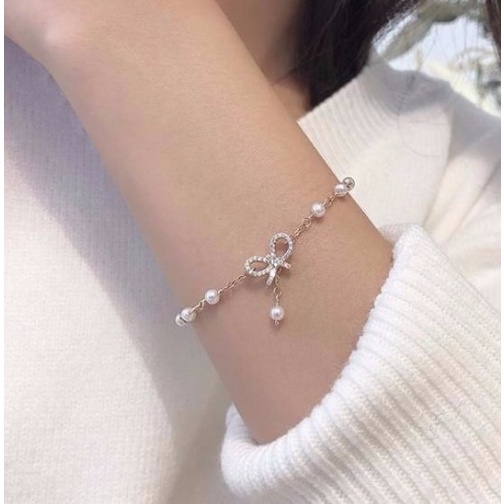 Gelang Titanium Wanita Anti Karat Motif Pita Mutiara Kecil Aksesoris perhiasan Fashion style korea GLG9