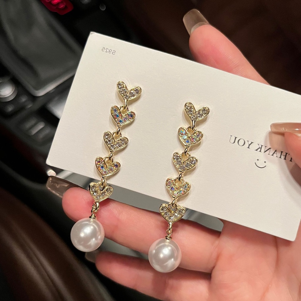 Anting Rumbai Panjang Desain Hati Aksen Mutiara Bahan Silver Needle Gaya Perancis Untuk Wanita