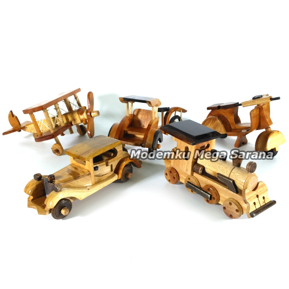 Paket B isi 5pcs - Miniatur dari kayu [pesawat capung, becak, vespa, limosin, lokomotif]