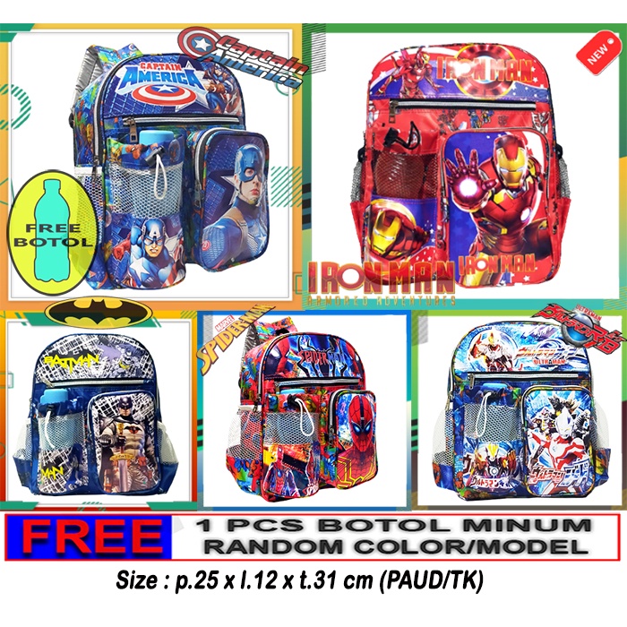 Tas Ransel Mini FREE BOTOL!! anak Sekolah PAUD/TK karakter SPIDERMAN-ULTRAMAN-CAPT.AMERICA -BATMAN