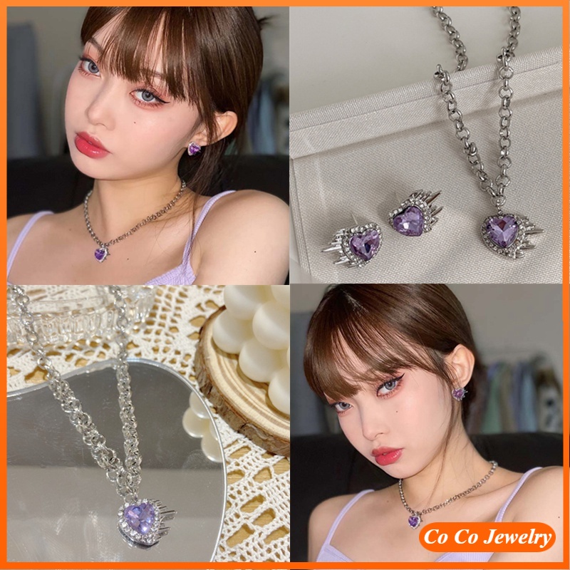 Korea Sweet Purple Love Necklace Earrings Trendy Ins Fashion Retro Accessories