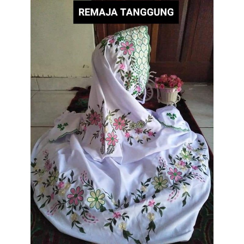 Mukena Terusan Remaja Tanggung motif bunga Putih Rukuh Terusan