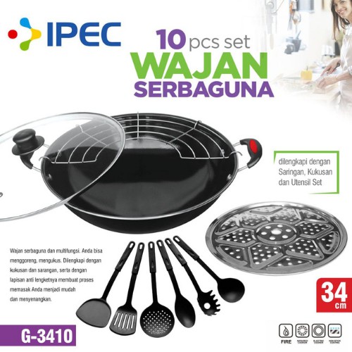 Panci wajan Set Panci penggorengan serbaguna / Wok Pan 32cm with Tutup Kaca Set sutil/spatula &amp; kukusan