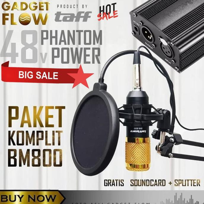 (PAKET KOMPLIT) MIC MICROPHONE BM800 + PHANTOM POWER HOME RECORDING - HITAM