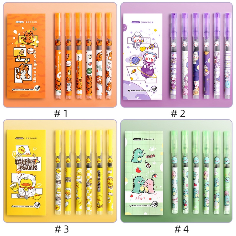 6pcs Pulpen Gel Tinta Hitam 0.5mm Dengan Ujung Jarum Lurus Motif Kartun