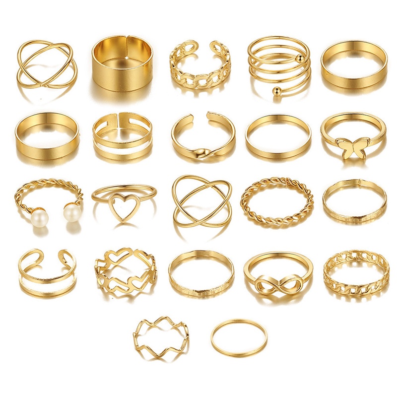 22pcs / Set Cincin Emas Desain Bintang Hias Mutiara Gaya Retro Untuk Wanita