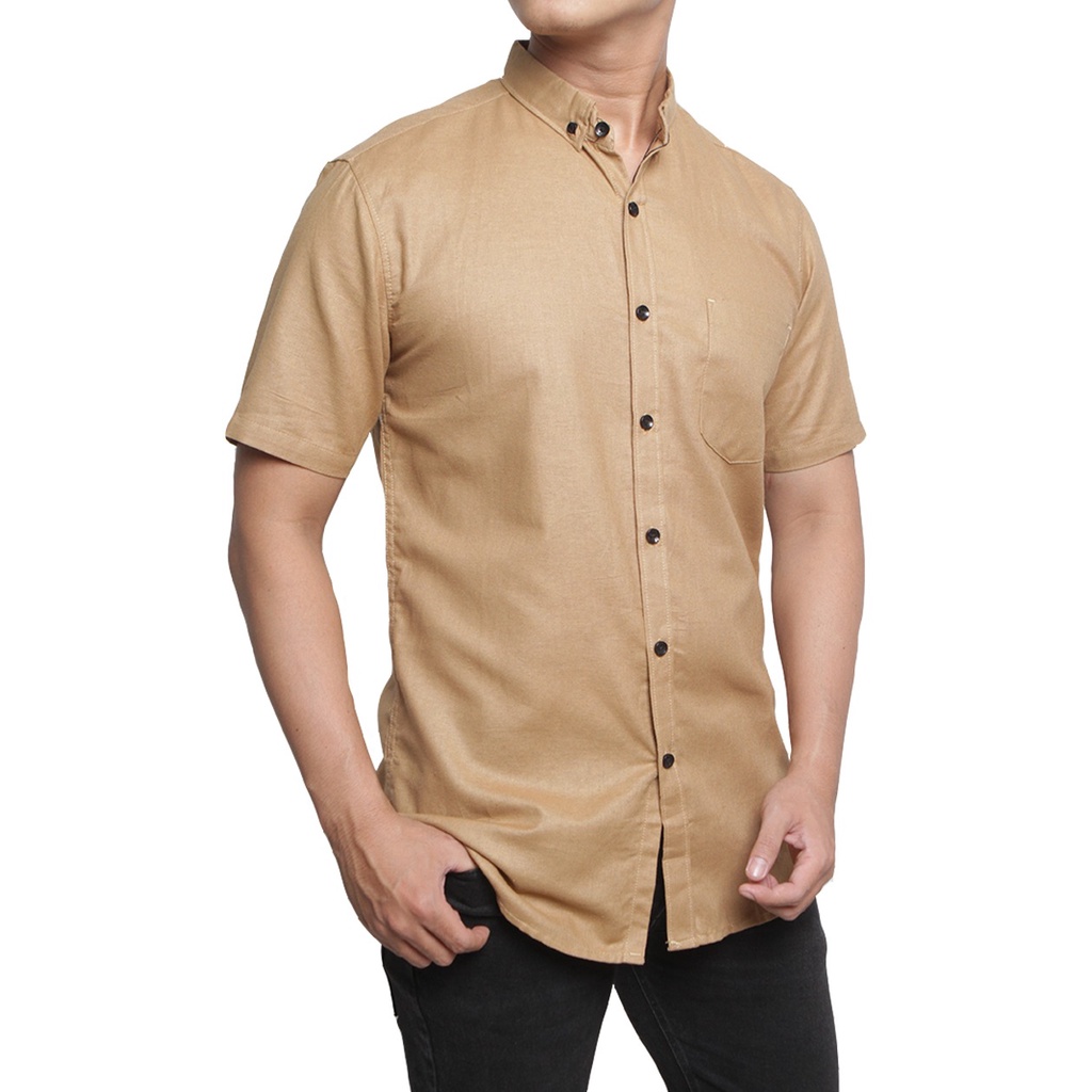 kemeja polos pria lengan pendek cowok casual kantoran laki laki coklat mocca cream
