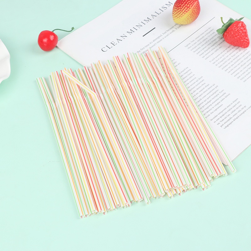 100 Pcs Sedotan Minum Sekali Pakai Bahan Plastik Motif Garis Warna-Warni