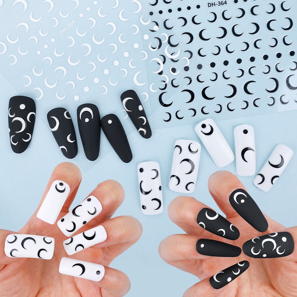 Stiker Kuku Motif Bulan Sabit Warna Hitam Dan Putih Untuk Dekorasi Nail Art