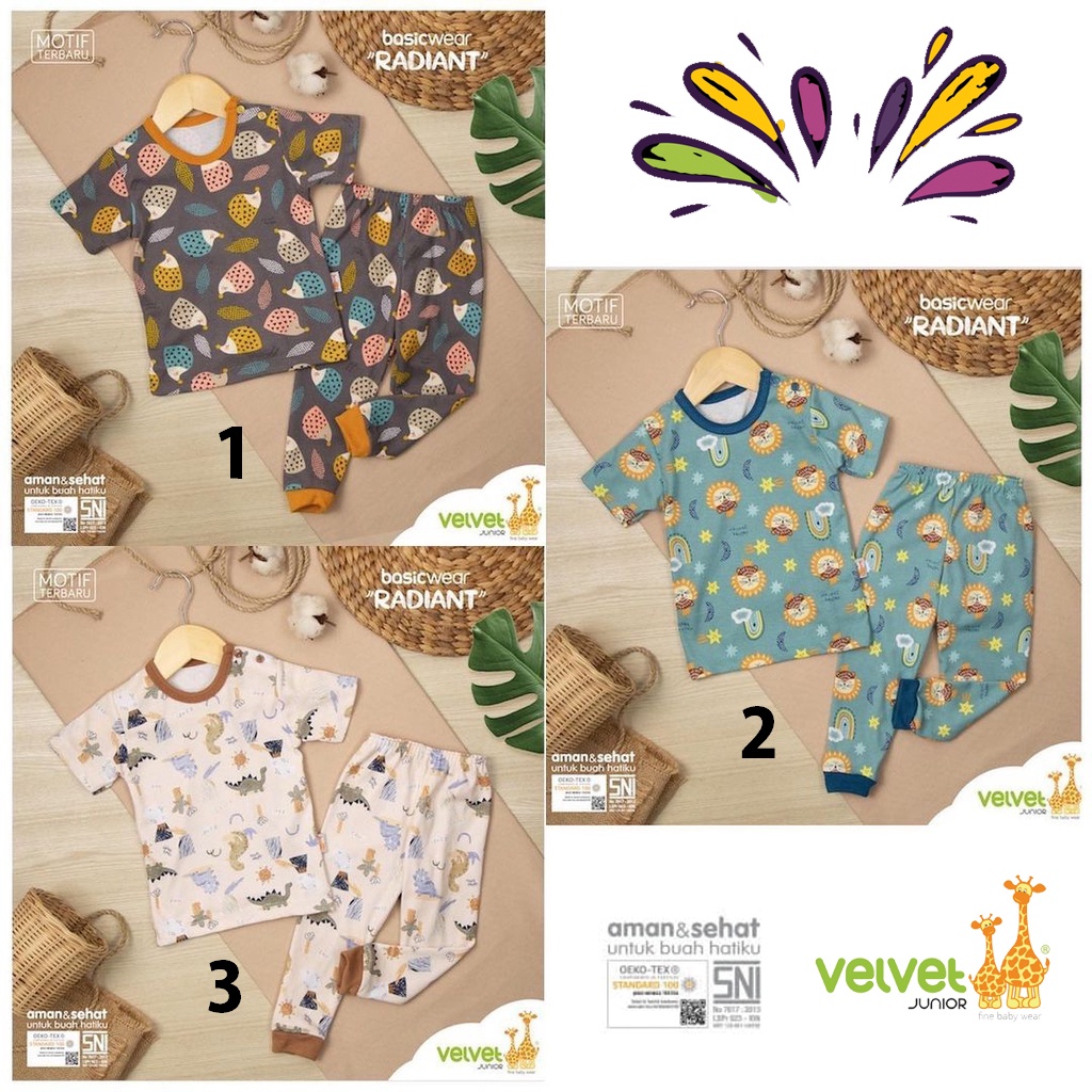 Setelan Baju Bayi Velvet Junior Kancing Pundak Lengan Pendek Celana Panjang 3 Bulan - 5 Tahun Radiant 1pcs