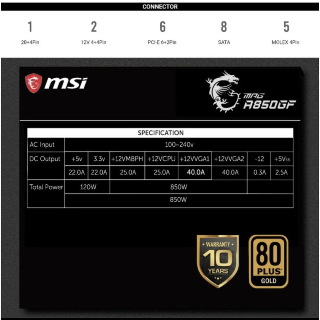 Power Supply MSI MPG A650GF 650Watt 80+ Gold Full Modular