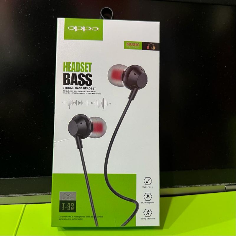 T-33 Headset oppo Extra Bass Stereo + Microphone Earphone oppo A83 A5S F7 F9 F11 A55 Reno 2 3 4 5 5F