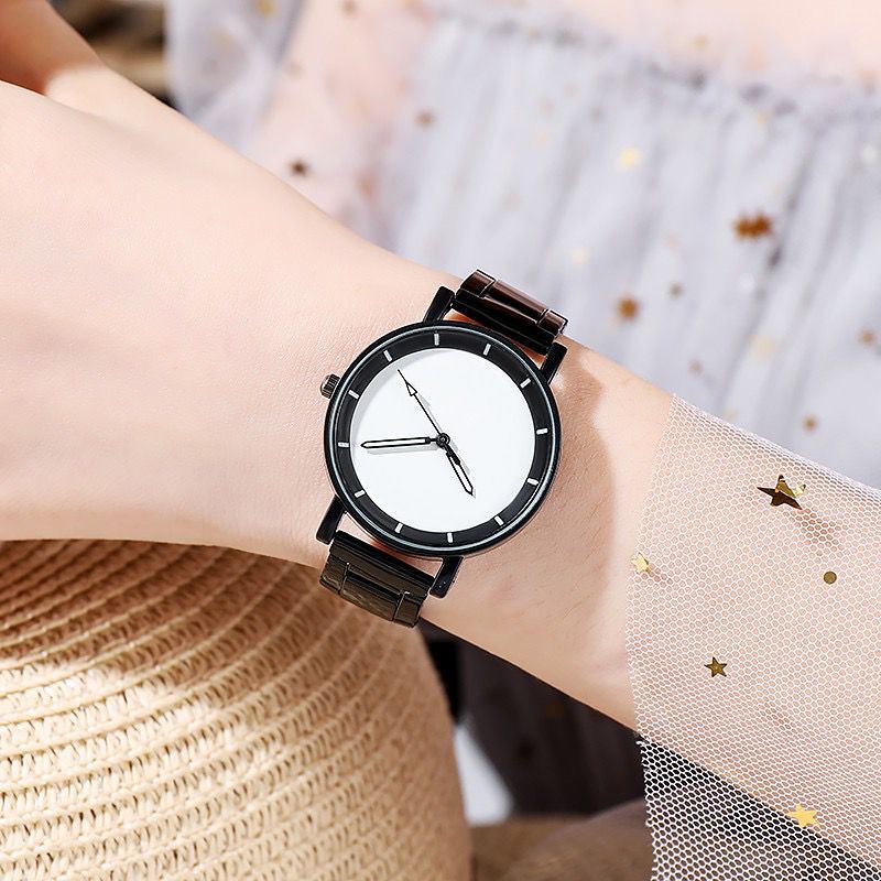 Jam Tangan Wanita Analog Quartz Casual Fashion Strap Rantai Hitam Stainless Steel Import Pria Murah