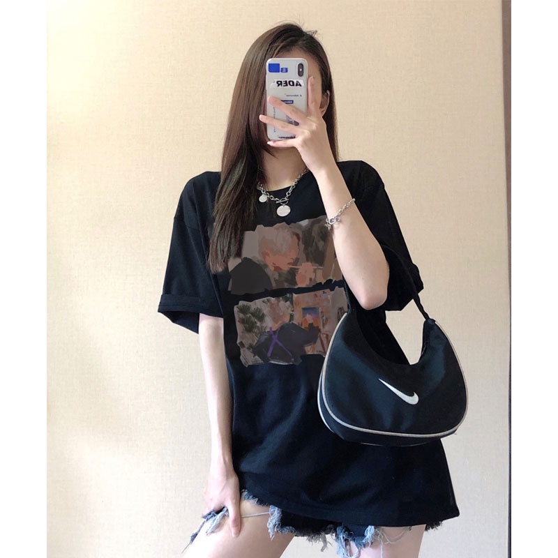 baju kaos wanita painting pattern lengan pendek kaos korean style oversize hitam t-shirt